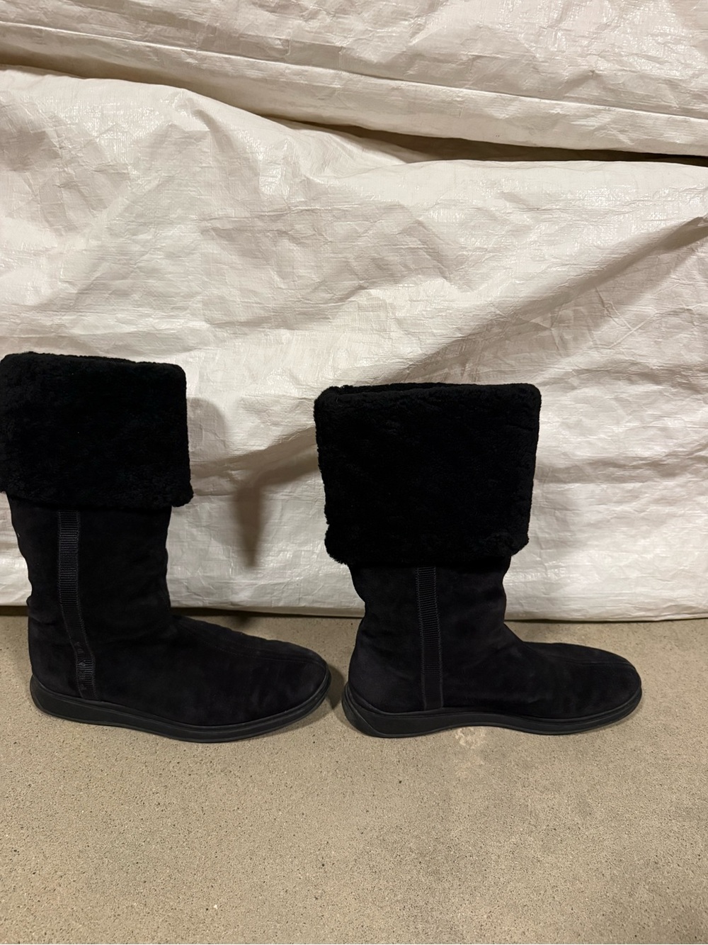 Prada Black Suede Mid-Calf Boots with Faux-Fur Cuff - Picture 2 of 8